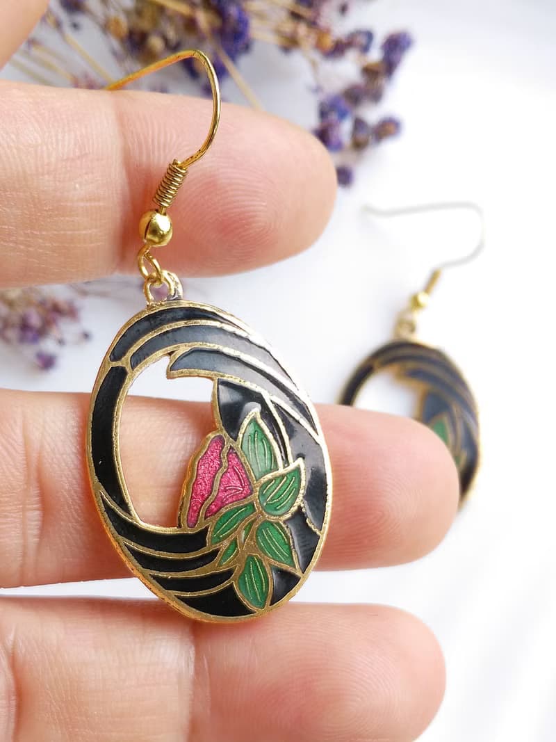 Vintage Jewelry 西洋古董飾品 蓮花花卉 景泰藍 耳勾 針式耳環