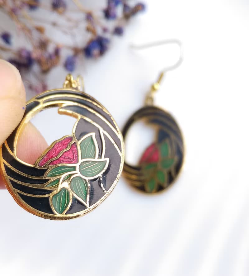 Vintage Jewelry 西洋古董飾品 蓮花花卉 景泰藍 耳勾 針式耳環