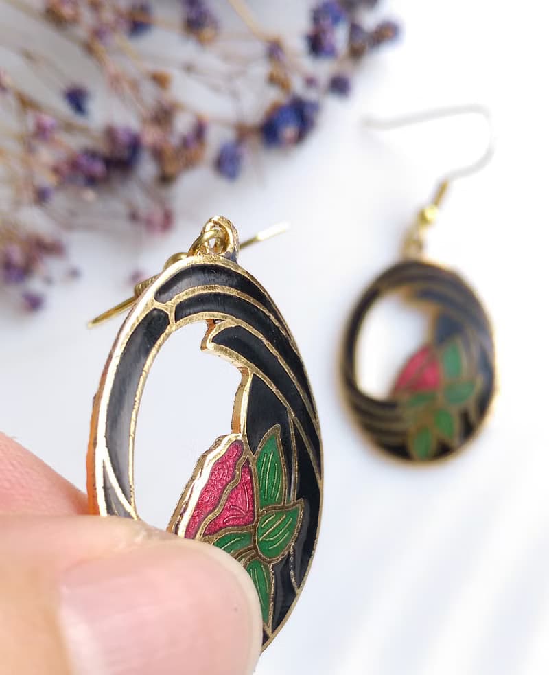 Vintage Jewelry 西洋古董飾品 蓮花花卉 景泰藍 耳勾 針式耳環
