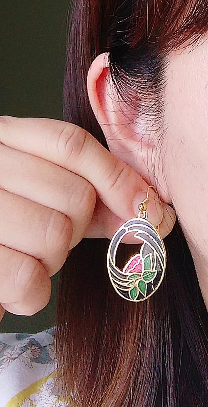 Vintage Jewelry 西洋古董飾品 蓮花花卉 景泰藍 耳勾 針式耳環