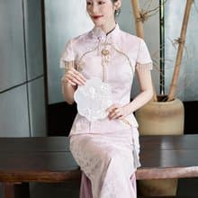 錦韻 淡粉色流珠結婚禮服旗袍 復古改良新中式國風洋裝禮服