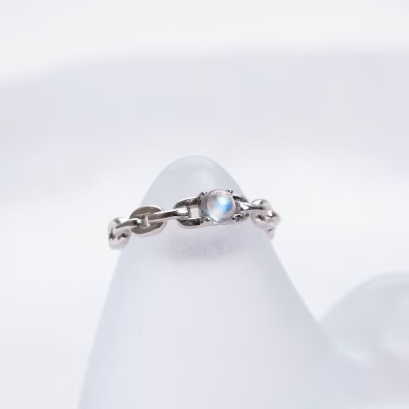 月光石925純銀相鏈相戀粗鏈條戒指 可調式戒指