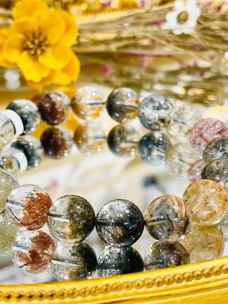 稀有玻璃收藏四季彩幽靈黑髮晶共生礦手珠12mm多功能磁場抵擋負面