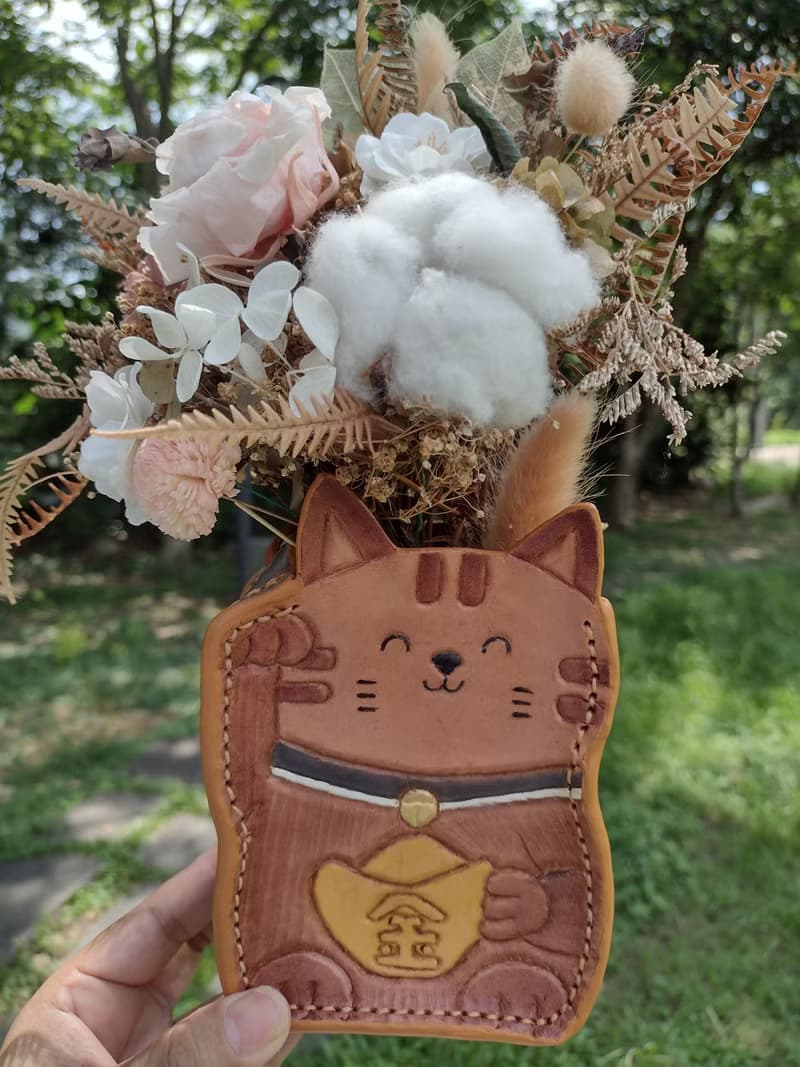 可愛微笑/招財貓咪 喵星人 純牛皮 筆筒/盆器/存錢筒/置物盒