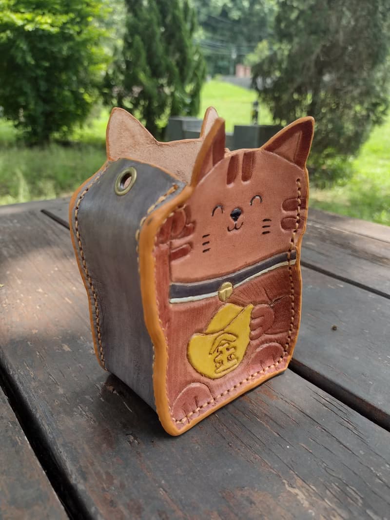 可愛微笑/招財貓咪 喵星人 純牛皮 筆筒/盆器/存錢筒/置物盒