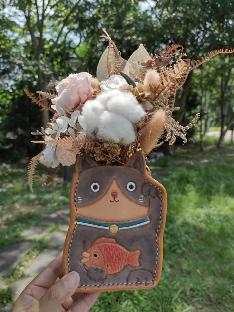 可愛微笑/招財貓咪 喵星人 純牛皮 筆筒/盆器/存錢筒/置物盒