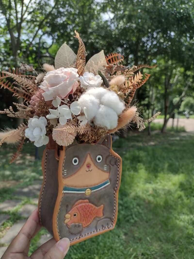 可愛微笑/招財貓咪 喵星人 純牛皮 筆筒/盆器/存錢筒/置物盒