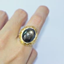 Natural Black Star Sapphire 28 Cts Ring Sterling Silver925 With Gold Plated.