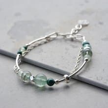 森 - 綠幽靈 綠草莓晶 孔雀石 葡萄石 925純銀 雙鍊手鍊