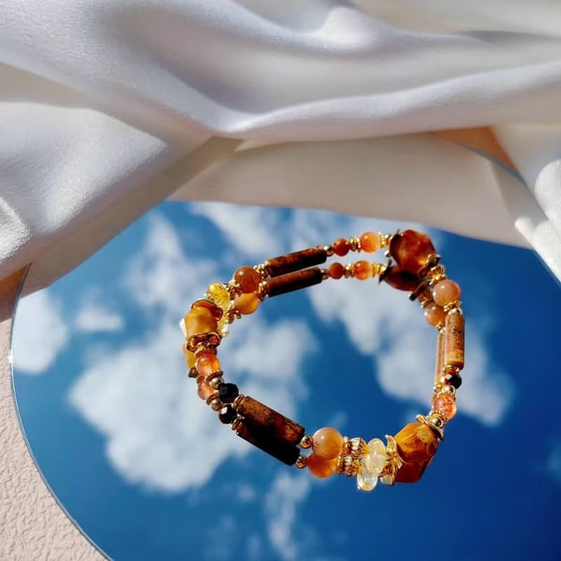 華麗的想像。圖畫石 金骨幹太陽石 金草莓 14K包金 水晶設計手鍊