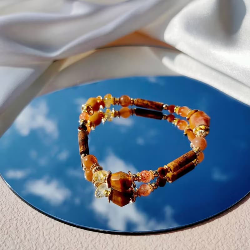 華麗的想像。圖畫石 金骨幹太陽石 金草莓 14K包金 水晶設計手鍊