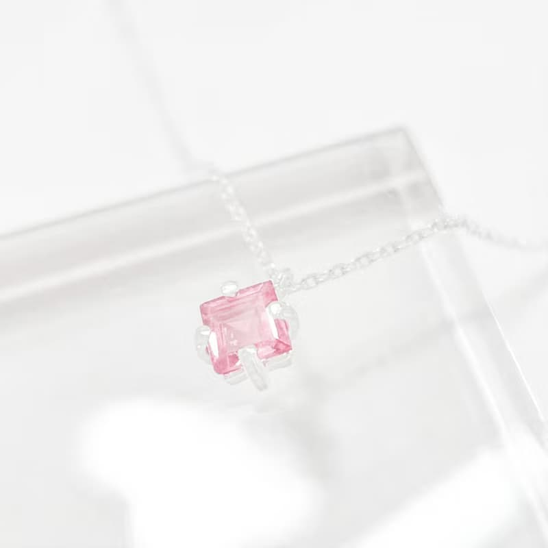 / 薄桜 / 方形粉紅碧璽925純銀項鍊 頸鏈 (銀/金/玫瑰金)