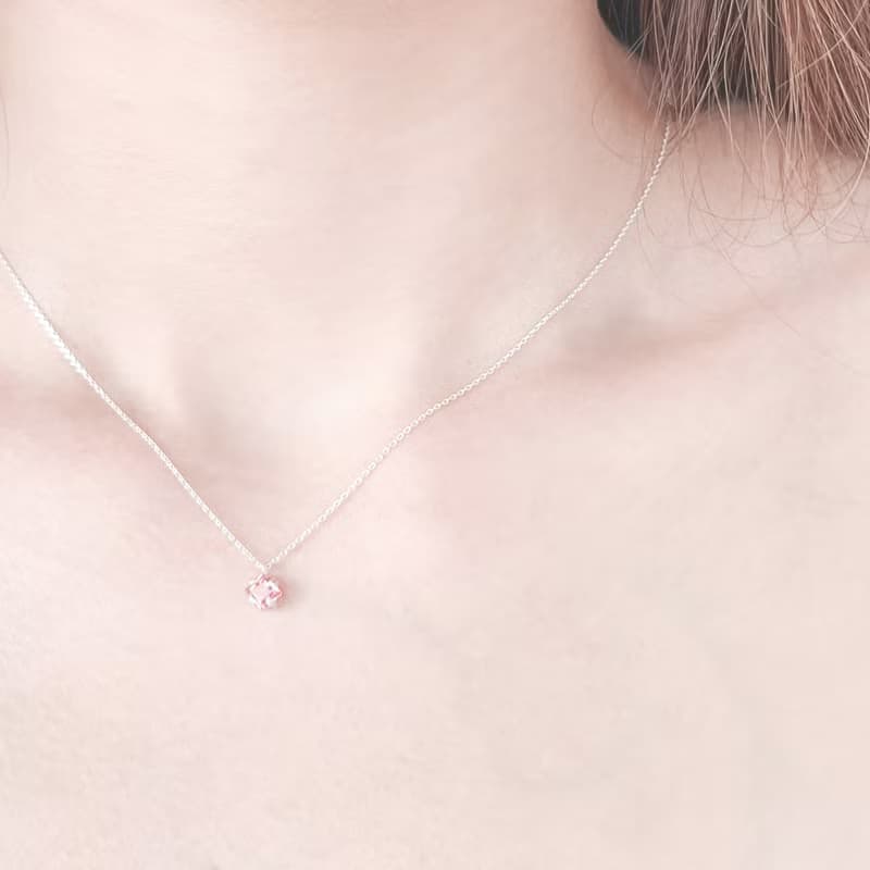 / 薄桜 / 方形粉紅碧璽925純銀項鍊 頸鏈 (銀/金/玫瑰金)
