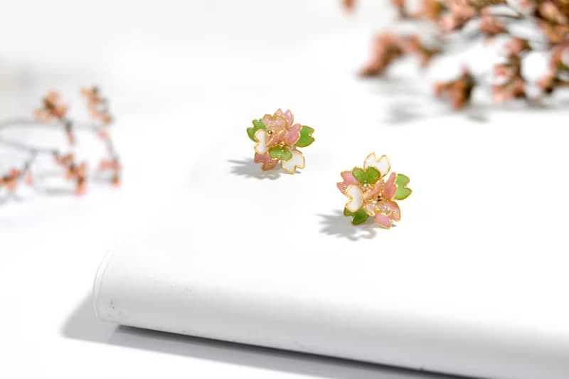 耳針x耳夾水晶花_櫻花系列-繁櫻(粉綠配色)_光點飾品