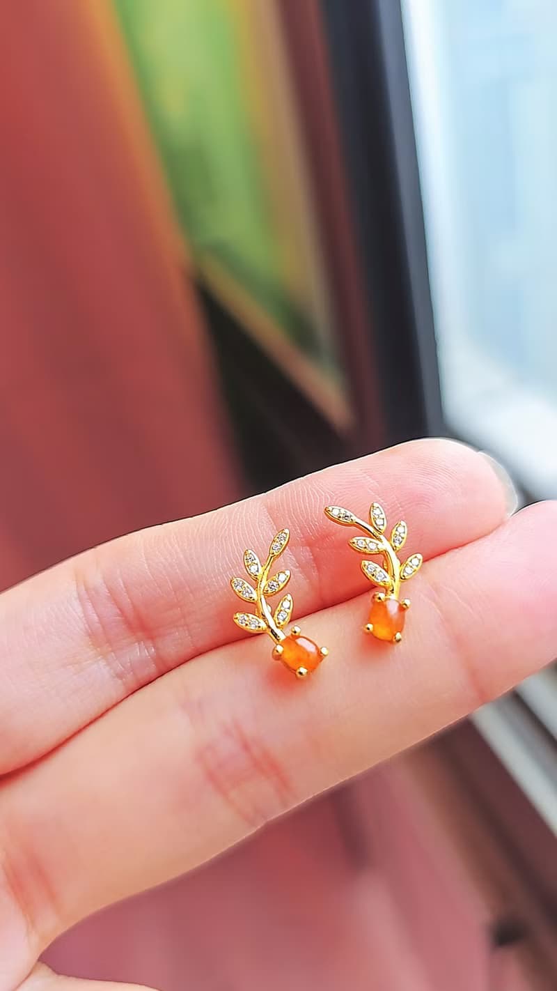 |招財橄欖枝|緬甸a貨翡翠冰玻黃翡蛋面4mm純銀鍍18k黃精緻耳釘