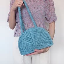 手工鉤織Spina長帶半圓單肩包手袋寶藍色針織鈎織編織手作袋