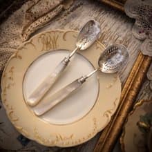 法國新藝術運動時期  百年珍珠母貝手柄  純銀面雙匙組