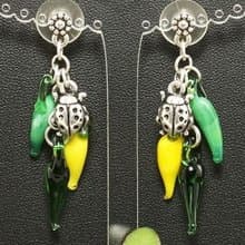 Yellow Green Pepper Lampwork Glass Silver Ladybird Ladybug Dangle Drop Earrings