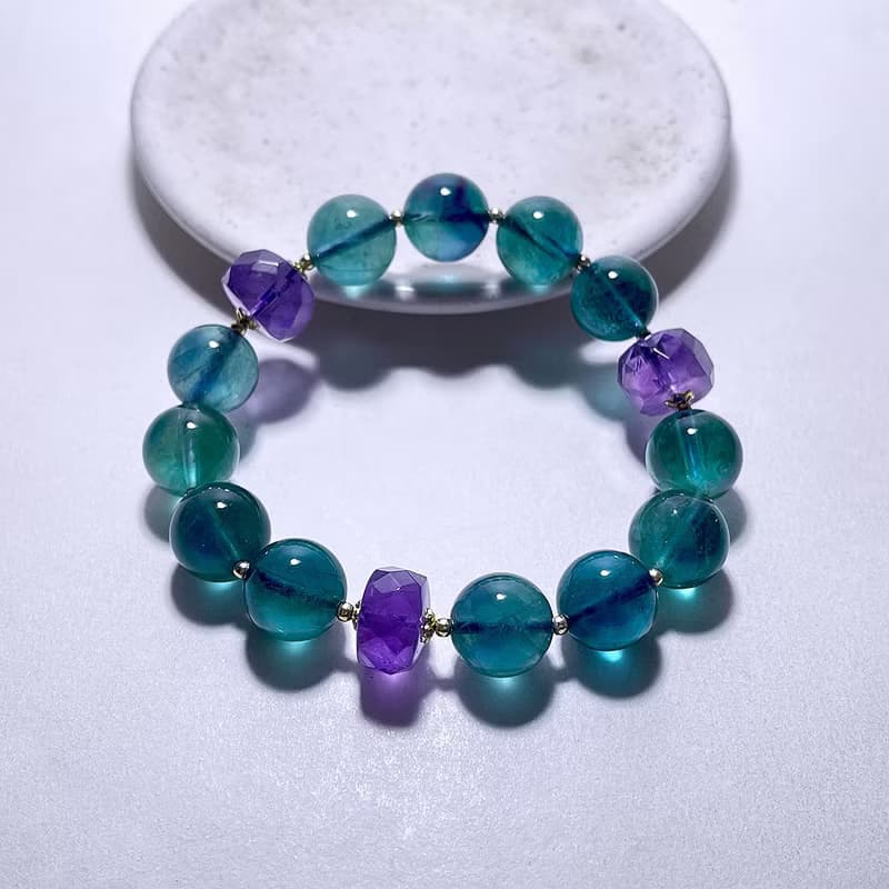 天然礦石 藍螢石11.6 mm 紫水晶 925純銀 手鍊