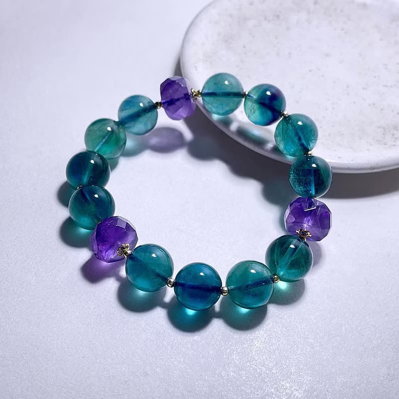 天然礦石 藍螢石11.6 mm 紫水晶 925純銀 手鍊