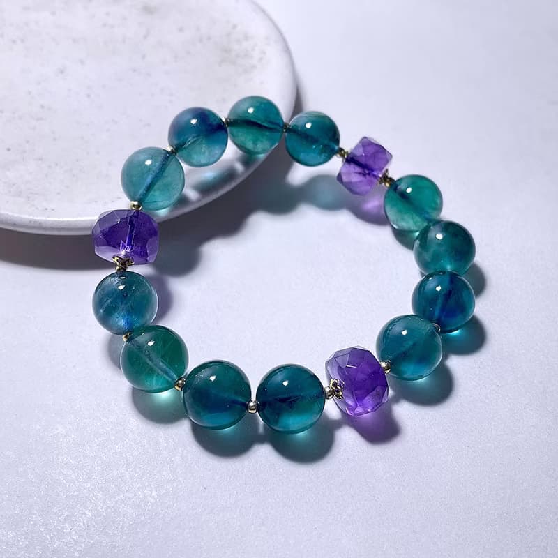 天然礦石 藍螢石11.6 mm 紫水晶 925純銀 手鍊