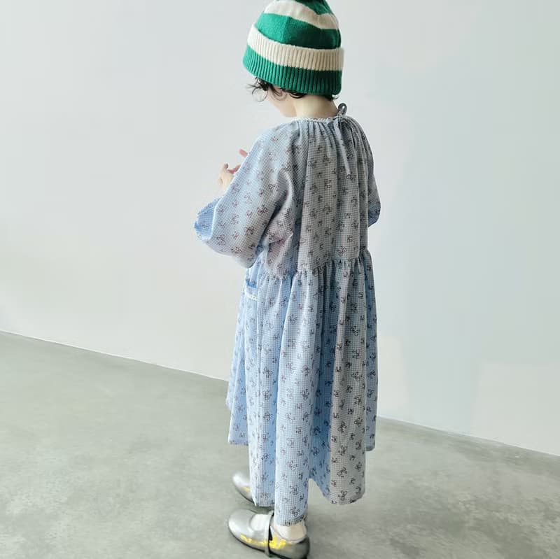 純棉藍白格紋碎花蝴蝶結長袖洋裝 / 連身裙 裙子 童裝