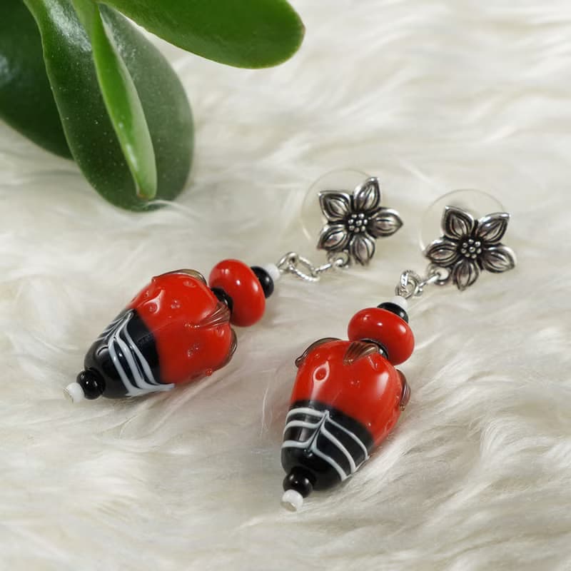 Red Strawberry in Chocolate Lampwork Murano Glass Large Earrings Woman Jewelry