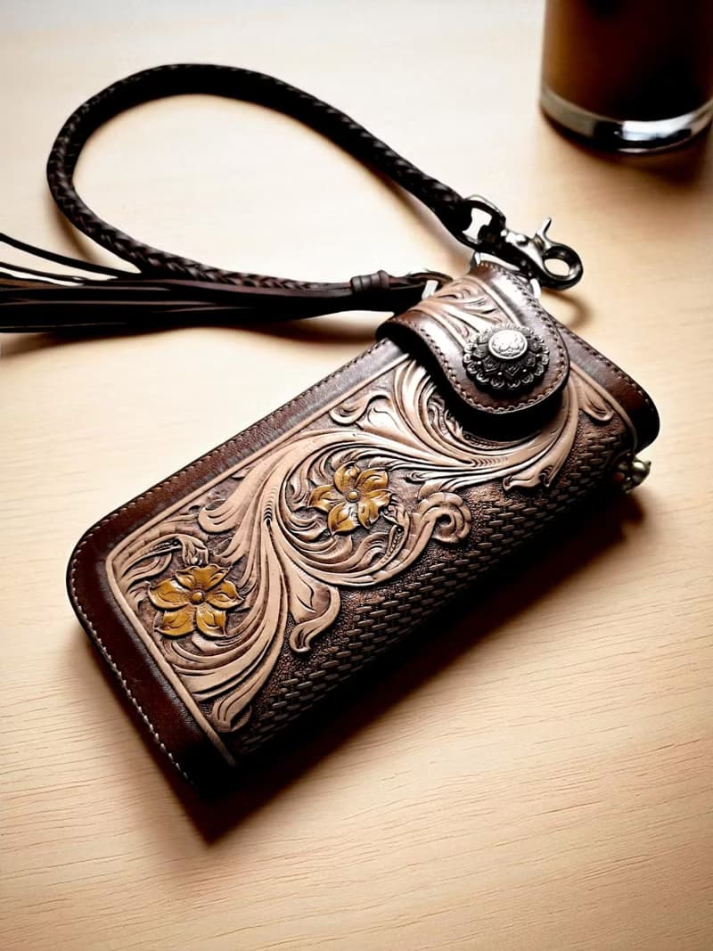 Vegetable Tooled Leather Long Wallet for Men and Women  / JNL-WA003