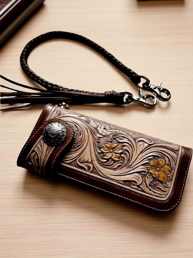 Vegetable Tooled Leather Long Wallet for Men and Women  / JNL-WA003