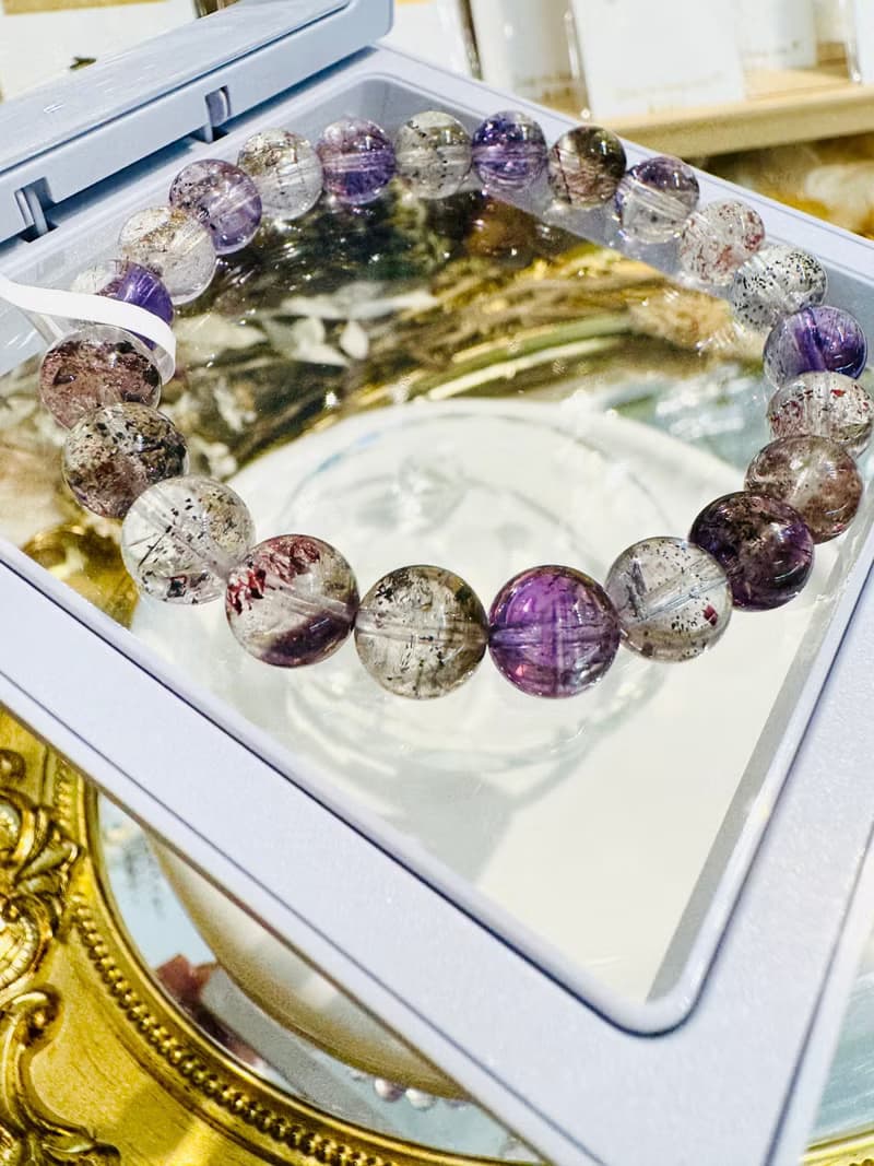 天然輕透料彩超七水晶8.5mm19.37g帶彼岸花紫超七三輪骨幹水晶