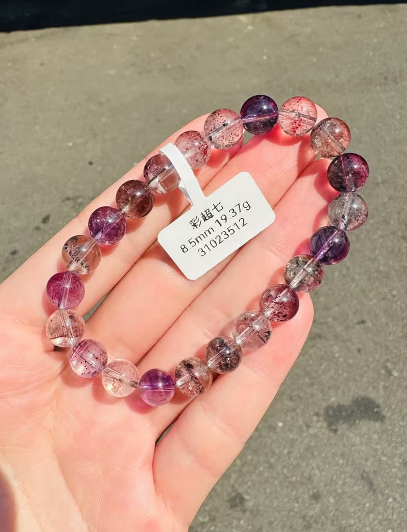 天然輕透料彩超七水晶8.5mm19.37g帶彼岸花紫超七三輪骨幹水晶