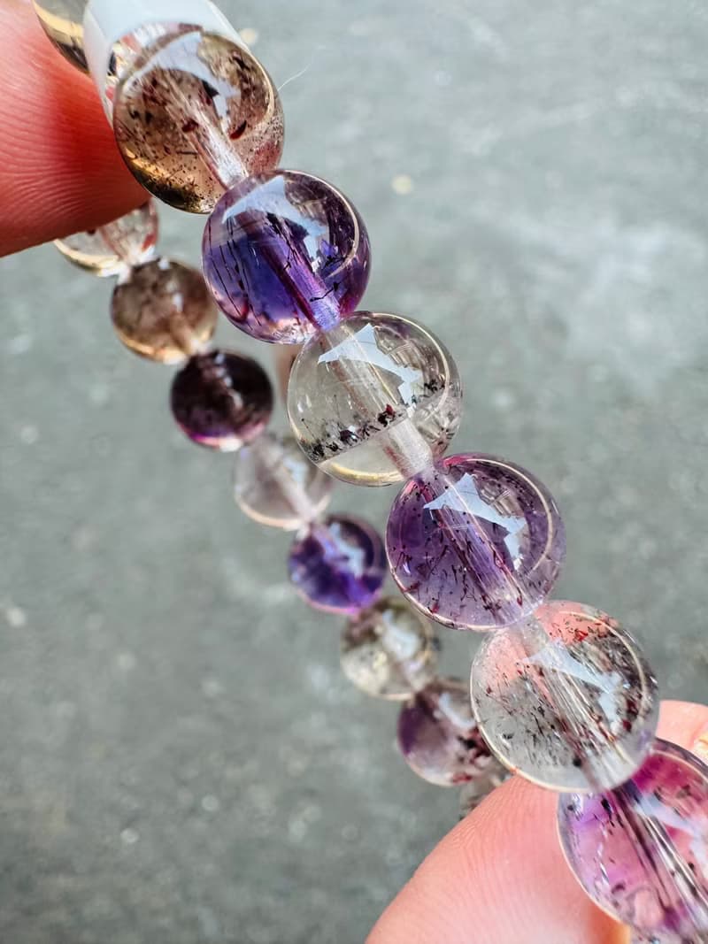 天然輕透料彩超七水晶8.5mm19.37g帶彼岸花紫超七三輪骨幹水晶