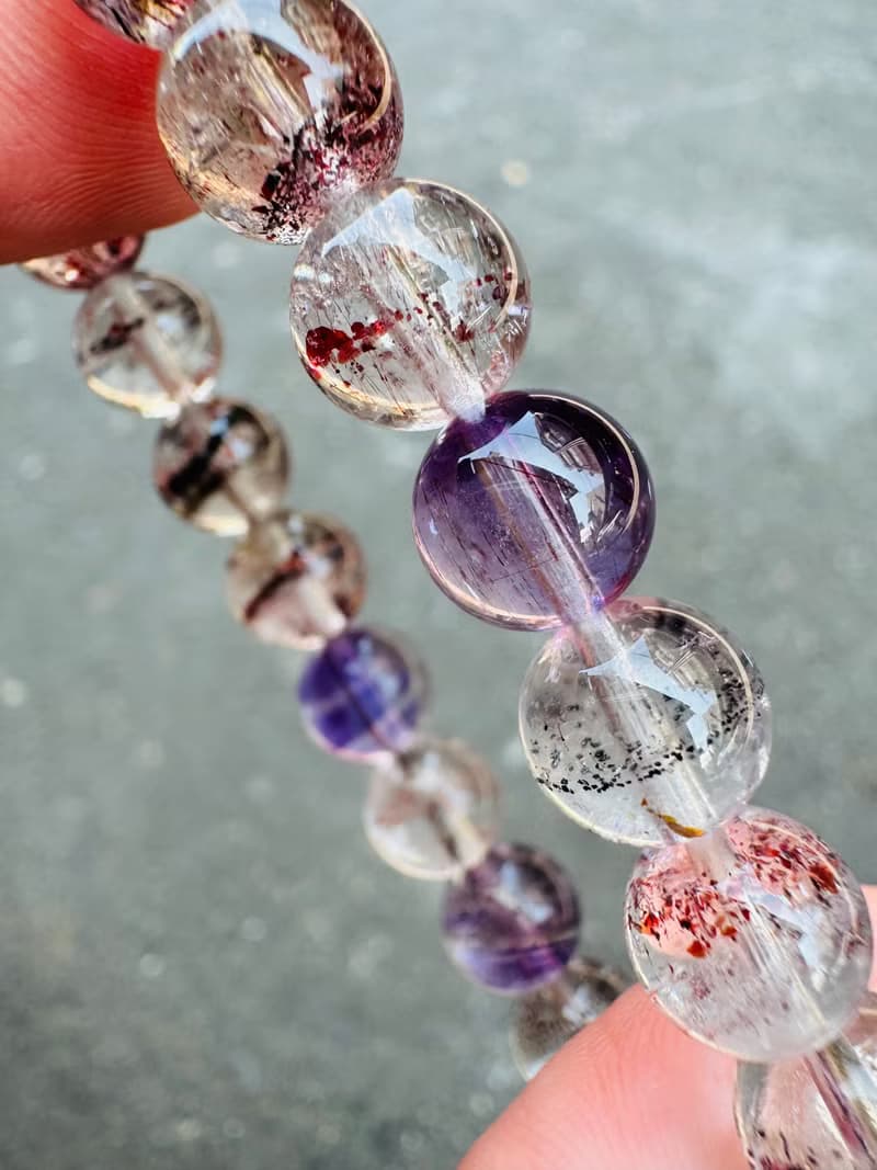 天然輕透料彩超七水晶8.5mm19.37g帶彼岸花紫超七三輪骨幹水晶