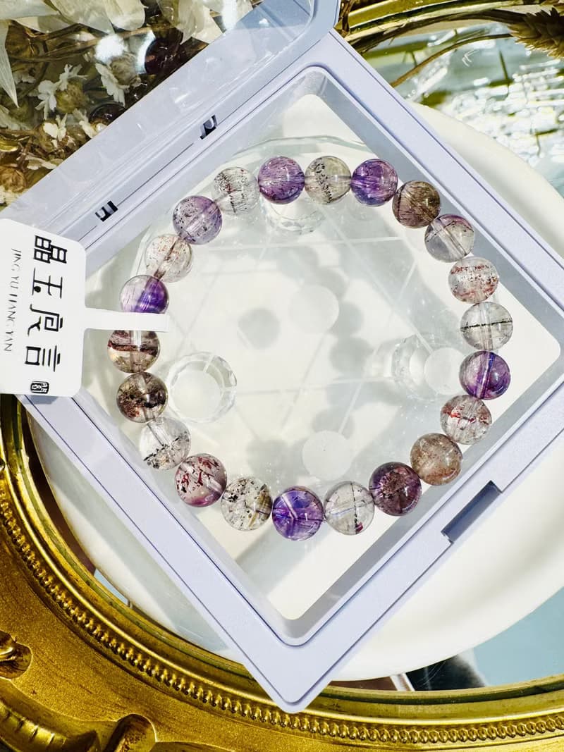 天然輕透料彩超七水晶8.5mm19.37g帶彼岸花紫超七三輪骨幹水晶