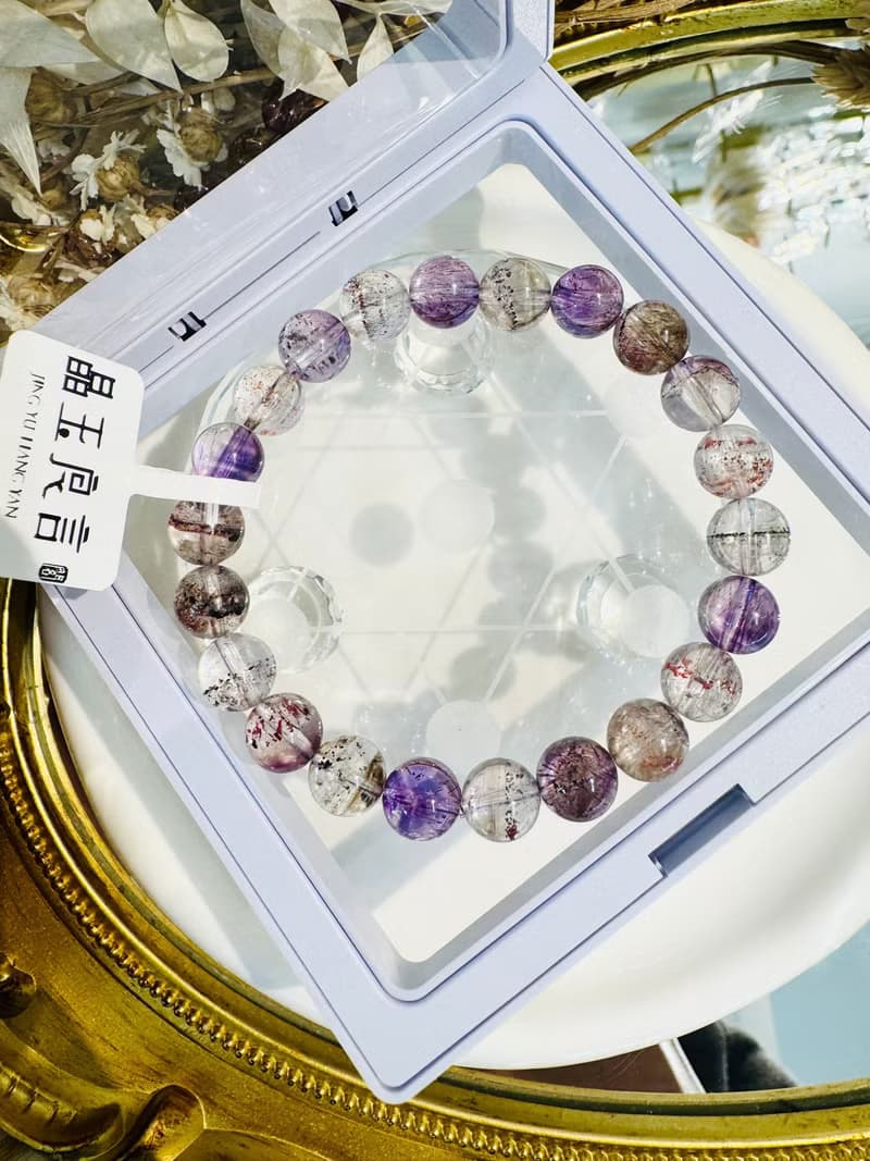 天然輕透料彩超七水晶8.5mm19.37g帶彼岸花紫超七三輪骨幹水晶