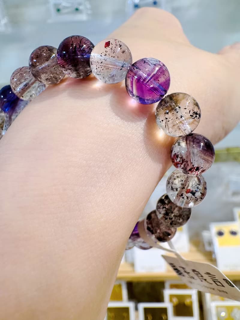 天然輕透料彩超七水晶8.5mm19.37g帶彼岸花紫超七三輪骨幹水晶