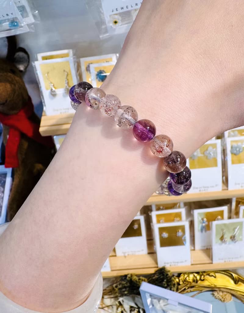 天然輕透料彩超七水晶8.5mm19.37g帶彼岸花紫超七三輪骨幹水晶