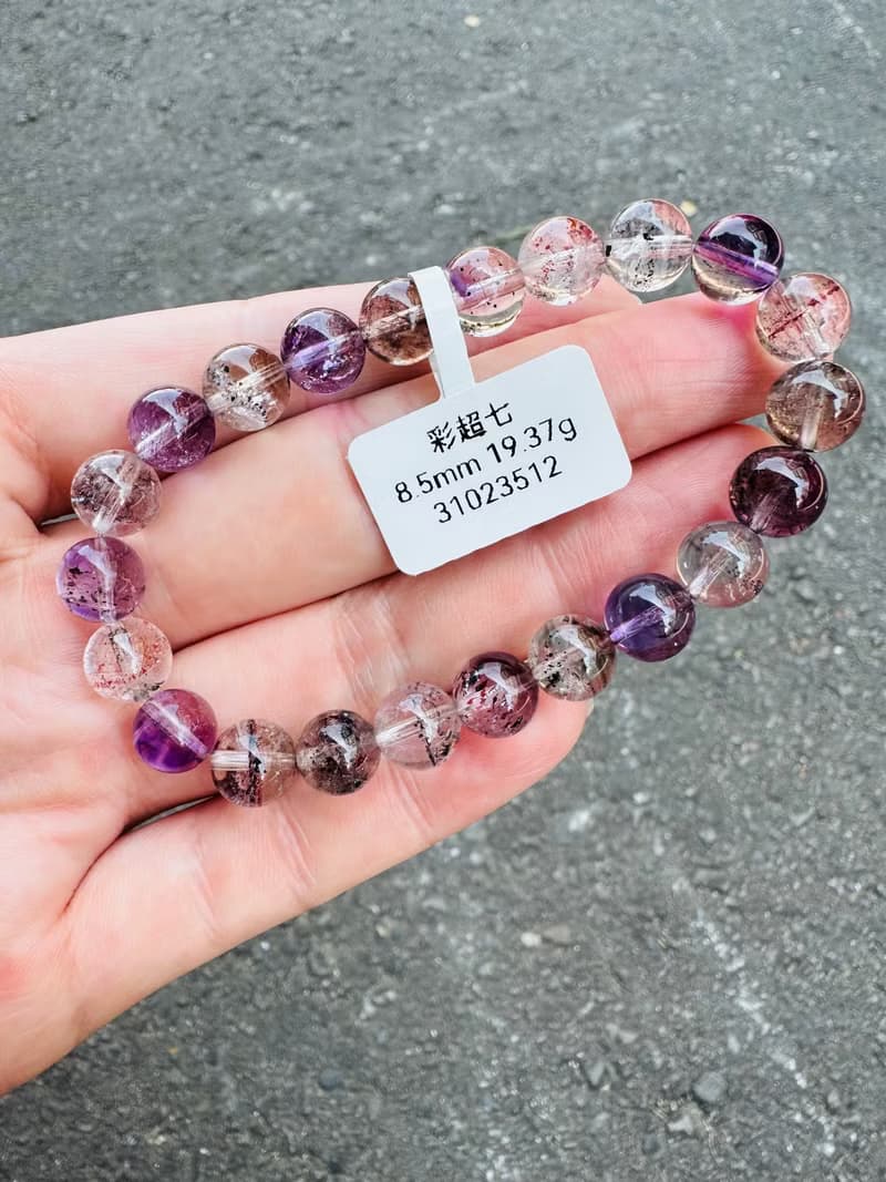 天然輕透料彩超七水晶8.5mm19.37g帶彼岸花紫超七三輪骨幹水晶