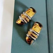 vintage jewelry  典雅金色方形橫紋夾式耳環
