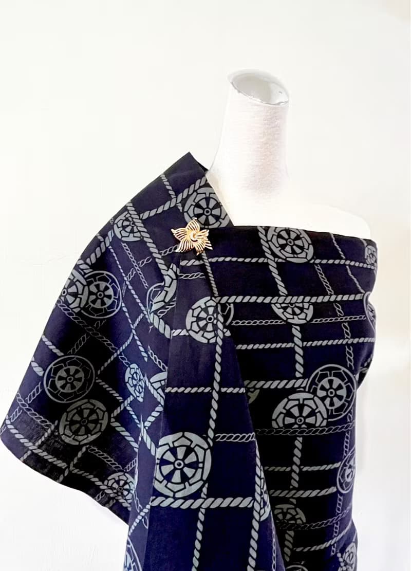 純手作/日本古董純棉濃紺色深藍海軍風麻繩線條感單層圍巾披肩