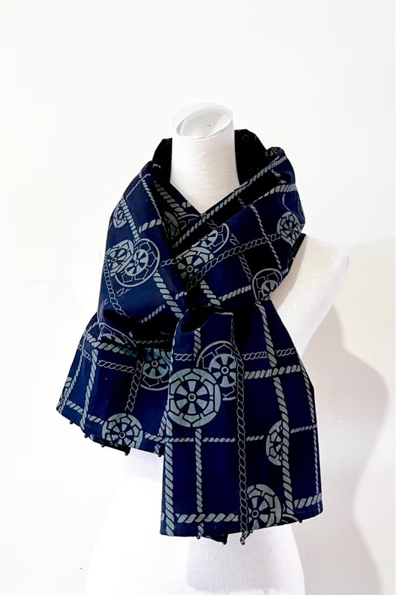 純手作/日本古董純棉濃紺色深藍海軍風麻繩線條感單層圍巾披肩