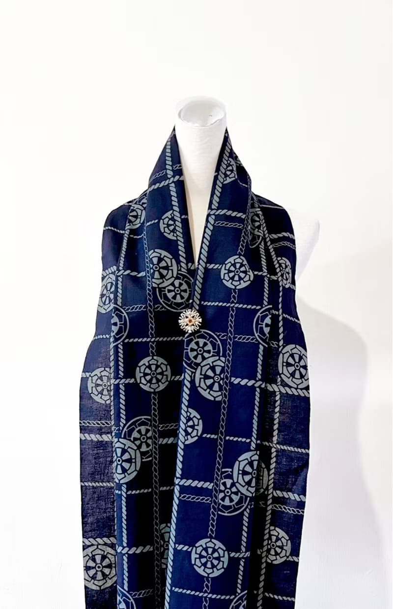 純手作/日本古董純棉濃紺色深藍海軍風麻繩線條感單層圍巾披肩