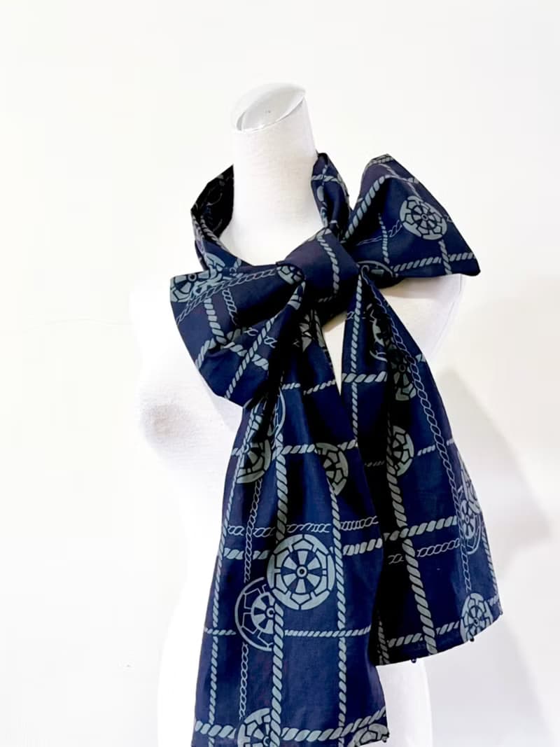 純手作/日本古董純棉濃紺色深藍海軍風麻繩線條感單層圍巾披肩