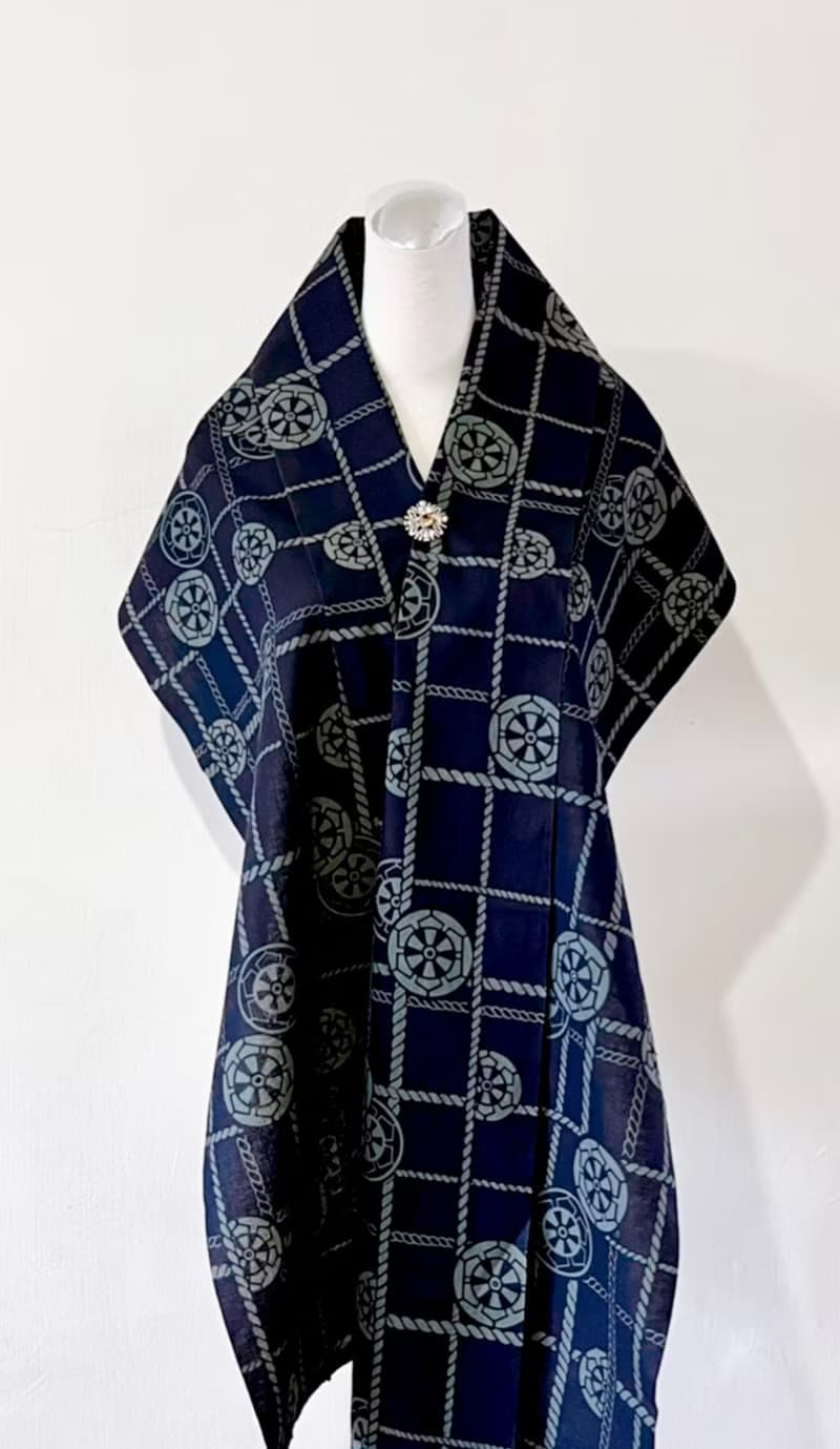 純手作/日本古董純棉濃紺色深藍海軍風麻繩線條感單層圍巾披肩