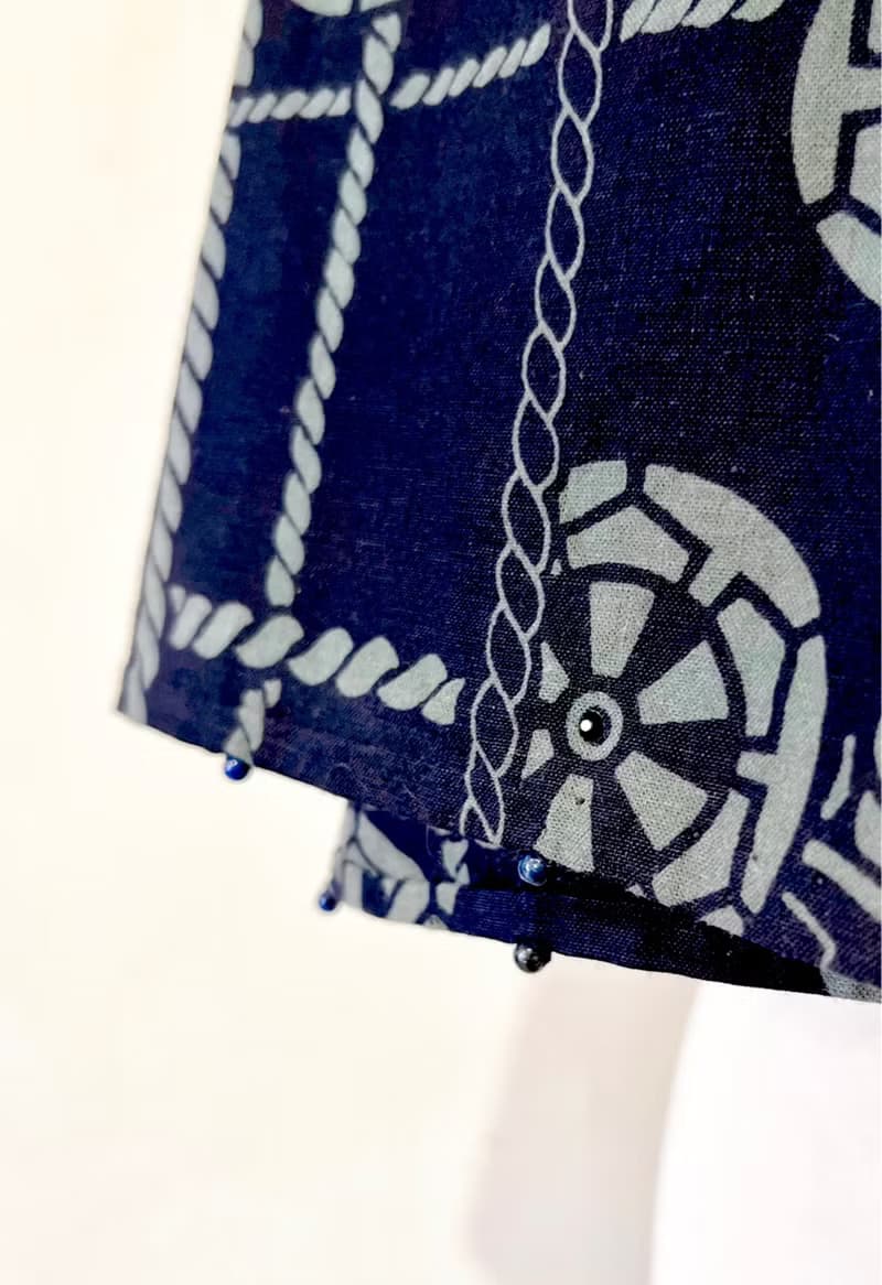 純手作/日本古董純棉濃紺色深藍海軍風麻繩線條感單層圍巾披肩