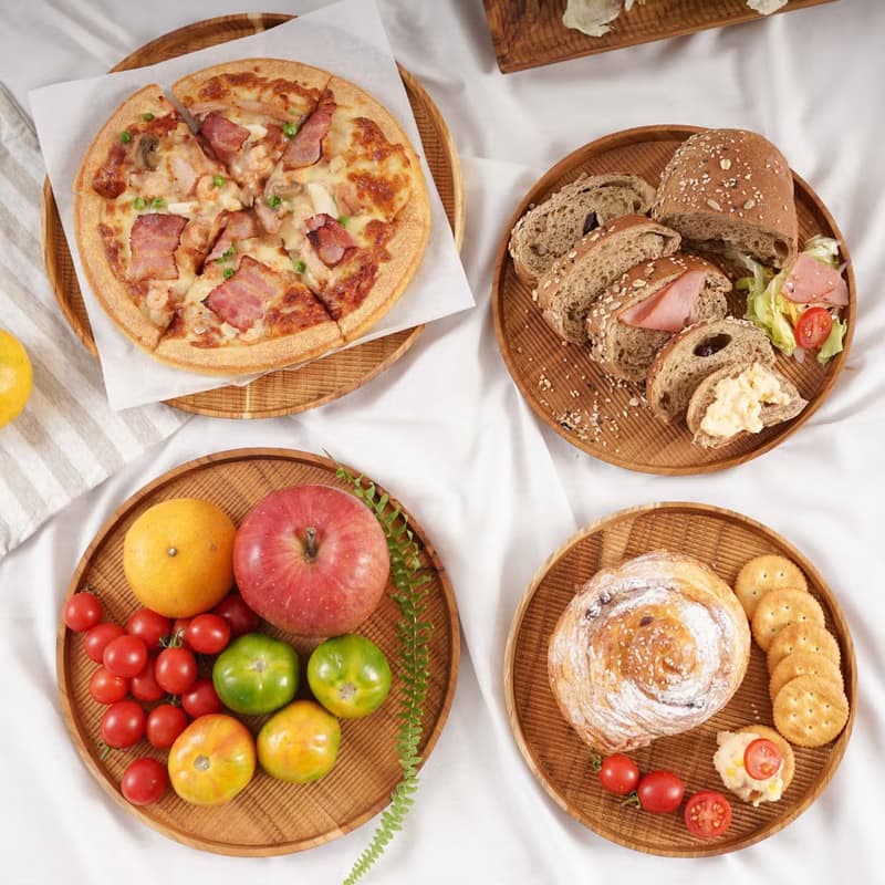 天然柚木圓型托盤/餐盤26cm-條紋款│不上漆原木製 露營野餐