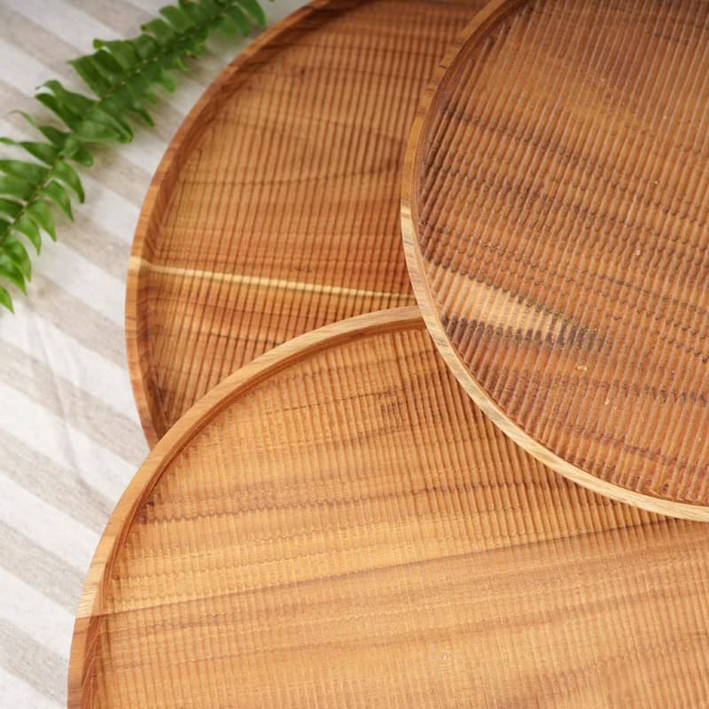 天然柚木圓型托盤/餐盤26cm-條紋款│不上漆原木製 露營野餐