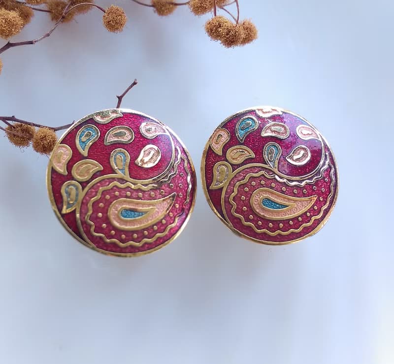 【西洋古董飾品 】景泰藍 紅色調變形蟲 夾式耳環
