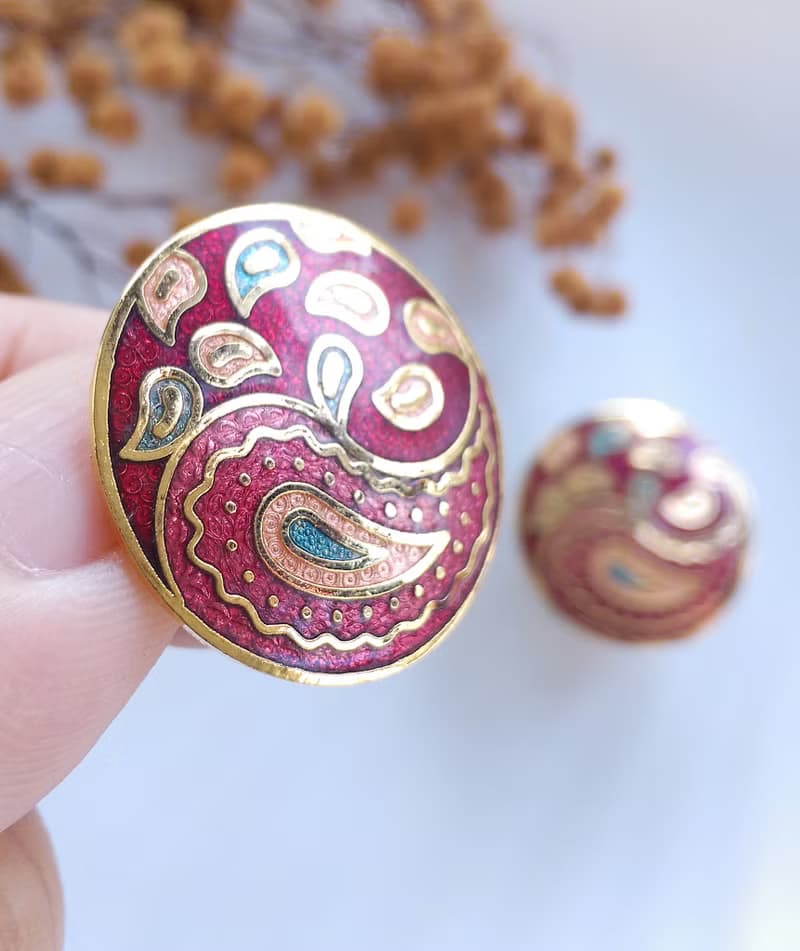 【西洋古董飾品 】景泰藍 紅色調變形蟲 夾式耳環