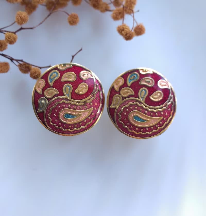 【西洋古董飾品 】景泰藍 紅色調變形蟲 夾式耳環